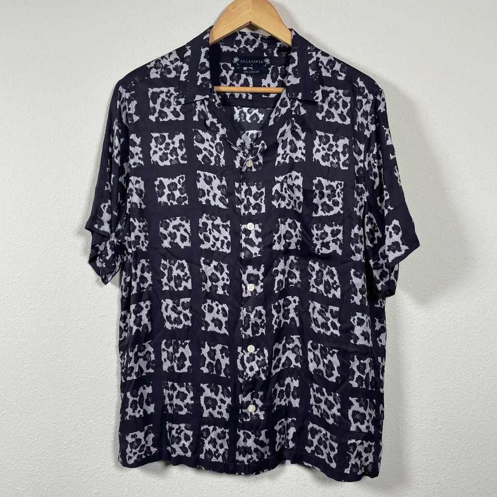 AllSaints Button Up Shirt Mens M Black White‎ Edgy Resort Leopard Print Relaxed